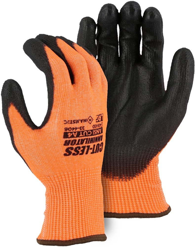 33-4406 Majestic® Glove High Visibility Orange Cut-Less Annihilator Touchscreen Compatible Seamless Knit Glove with Polyurethane Palm Coating